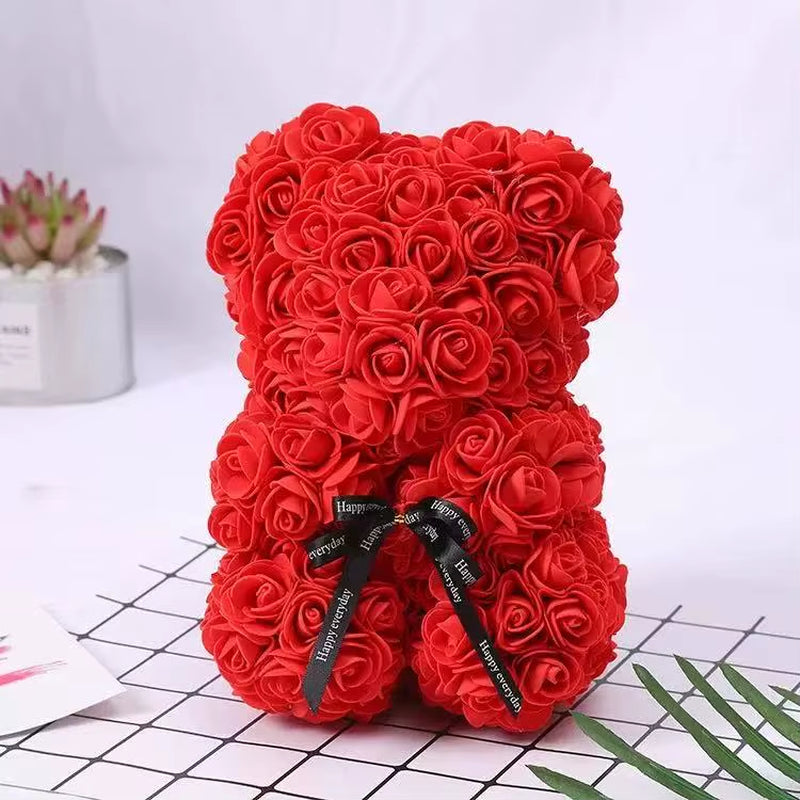 25Cm Artificial Teddy Rose Flower Bear with Box Romantic Valentines Day Gift Girlfriend Women Anniversary Wedding Party Supplies
