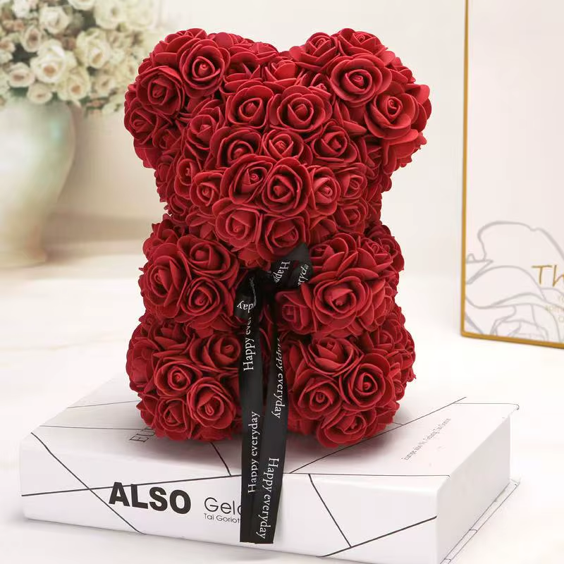 25Cm Artificial Teddy Rose Flower Bear with Box Romantic Valentines Day Gift Girlfriend Women Anniversary Wedding Party Supplies