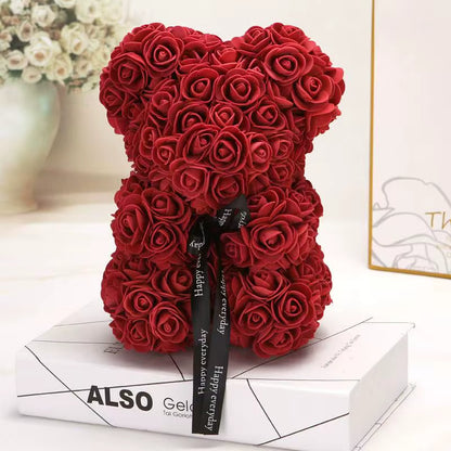25Cm Artificial Teddy Rose Flower Bear with Box Romantic Valentines Day Gift Girlfriend Women Anniversary Wedding Party Supplies